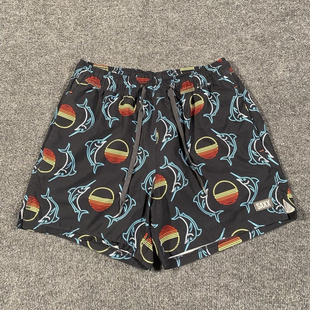 SAXX Oh Buoy 2N1 Lined Volley Swim Shorts Sunset Crest Sailfish Print Mens S
